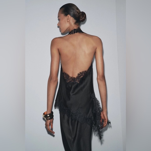 Zara elegant Black Satin Lace-Trim Halter Top - Picture 9 of 15